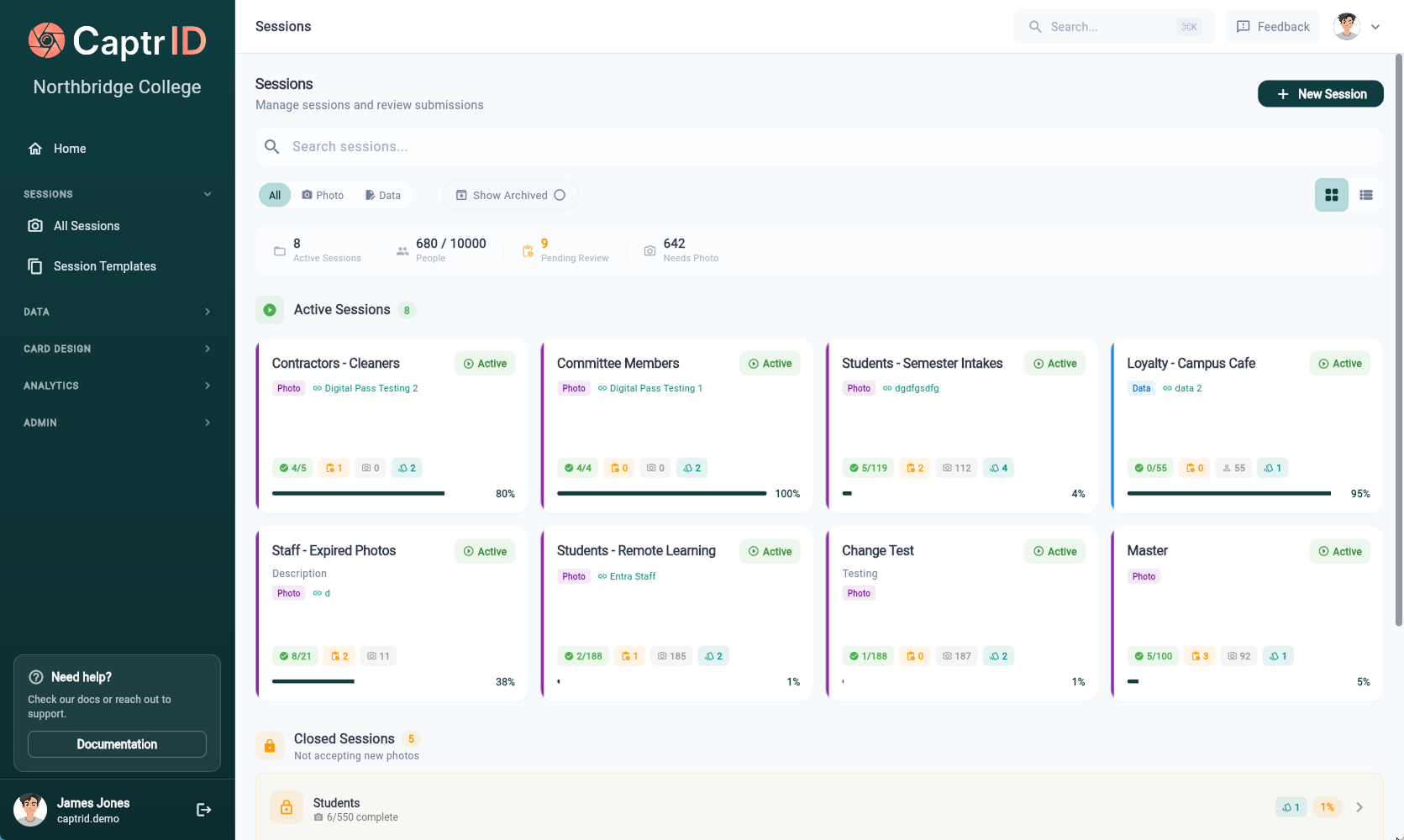 CaptrID sessions list showing active photo sessions with progress indicators and status badges