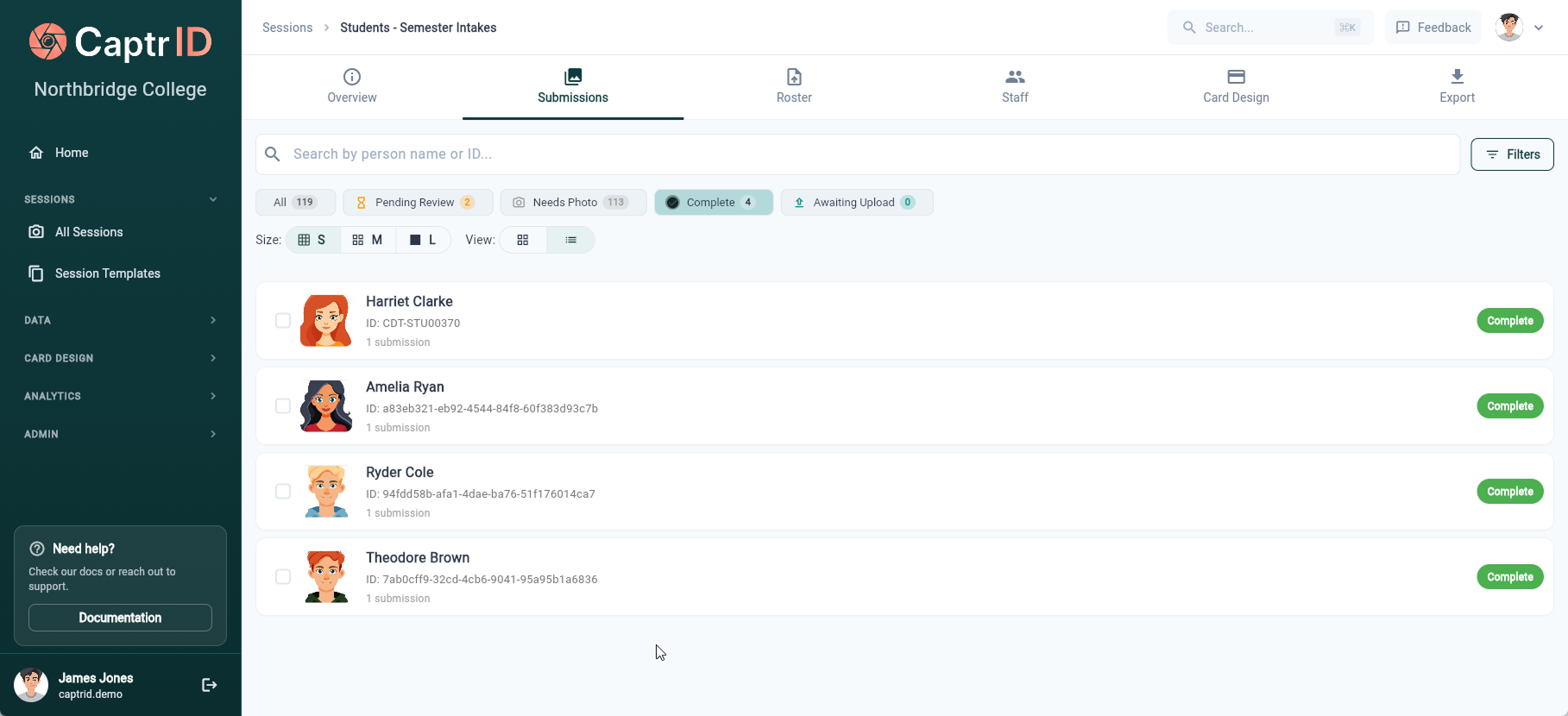 CaptrID session submissions tab showing photo approval queue with status filters and person list