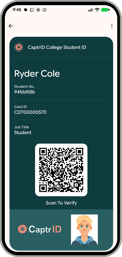 Student ID pass example showing CaptrID College design with QR verification
